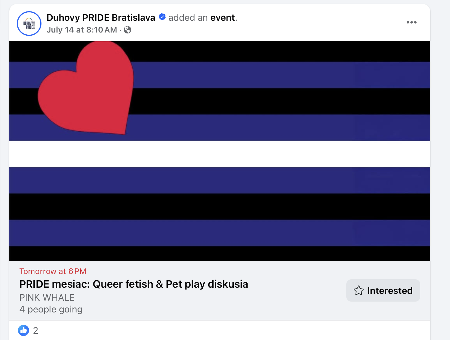 Udalosť na Facebooku Dúhového Pridu Bratislava. Na fotke vidno fetišistickú vlajku. Zdroj: reprofoto Facebook